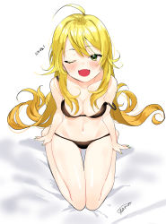 Rule 34 | 1girl, ;d, absurdres, ahoge, bad id, bad pixiv id, blonde hair, bra, breasts, dr poapo, fangs, green eyes, highres, hoshii miki, idolmaster, idolmaster (classic), long hair, one eye closed, open mouth, panties, signature, smile, solo, strap slip, underwear, underwear only