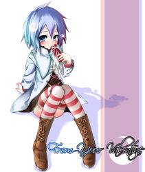 Rule 34 | 1girl, blue eyes, blue hair, blush, boots, cross-laced footwear, english text, gradient hair, lace-up boots, looking at viewer, matching hair/eyes, multicolored hair, original, purple hair, sho (runatic moon), short hair, simple background, sitting, solo, striped clothes, striped thighhighs, thighhighs, valentine