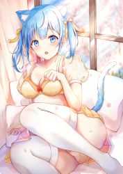 Rule 34 | 1girl, :o, absurdres, animal ear fluff, animal ears, ass, blue eyes, blue hair, blue ribbon, blurry, blurry background, bra, breasts, cat ears, cat girl, cat tail, cherry blossoms, cleavage, commentary request, curled fingers, curtains, dot nose, extra, fang, feet out of frame, forehead, frilled skirt, frills, hair ornament, hair ribbon, highres, indoors, kaneko memeta, lingerie, looking at viewer, lying, on side, open mouth, original, panties, pantyshot, paw pose, pillow, puffy short sleeves, puffy sleeves, ribbon, short sleeves, short twintails, skirt, tail, thighhighs, thighs, twintails, underwear, white thighhighs, window, yellow bra, yellow panties, yellow skirt