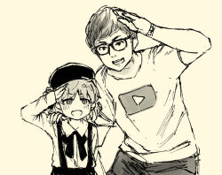Rule 34 | 1boy, 1girl, arm up, beret, blush, collared shirt, commentary request, crossover, fang, glasses, hand on another&#039;s shoulder, hat, hatoba tsugu, height difference, hikakin, hikakin (person), leaning to the side, long sleeves, looking at viewer, mole, mole under eye, monochrome, neck ribbon, open mouth, ouka (yama), ribbon, salute, sepia, shirt, short hair, short sleeves, simple background, skin fang, skirt, smile, suspender skirt, suspenders, tsugu (vtuber), v-shaped eyebrows, virtual youtuber, watch, wristwatch, youtube logo