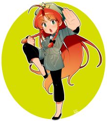 Rule 34 | 1girl, ahoge, alternate costume, bad id, bad twitter id, blush, bow, braid, chinese clothes, cosplay, eyebrows, fighting stance, full body, green background, green eyes, hair bow, hat, hirasawa susumu, hirasawa susumu (cosplay), hong meiling, kiri futoshi, leg up, long hair, long sleeves, open mouth, outstretched arm, p-model, pants, red hair, shirt, shoes, signature, solo, standing, standing on one leg, star (symbol), thick eyebrows, touhou, twin braids
