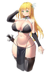 Rule 34 | 1girl, arm up, bare shoulders, black bra, black thighhighs, blonde hair, blush, bra, breasts, closed mouth, collar, commentary request, detached sleeves, green eyes, hair ornament, highres, large breasts, long hair, navel, original, sheath, shiromitsu, simple background, smile, solo, standing, stomach, sword, thighhighs, underwear, weapon, white background