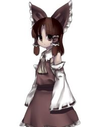 Rule 34 | 1girl, aaaa (aaaa480), benikurage (cookie), bow, brown bow, brown eyes, brown hair, brown shirt, brown skirt, brown theme, closed mouth, collared shirt, commentary request, cookie (touhou), cowboy shot, detached sleeves, expressionless, flat chest, frilled bow, frilled hair tubes, frilled skirt, frills, hair bow, hair tubes, hakurei reimu, looking at viewer, medium bangs, medium hair, parted bangs, ribbon-trimmed sleeves, ribbon trim, sarashi, sepia, shirt, sidelocks, simple background, skirt, skirt set, sleeveless, sleeveless shirt, solo, touhou, white background, white sleeves