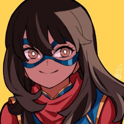 Rule 34 | 1girl, animification, artist name, black hair, blue collar, brown eyes, closed mouth, collar, collared shirt, commentary, dark-skinned female, dark skin, highres, kamala khan, long hair, looking at viewer, marvel, mask, ms. marvel, red scarf, scarf, shirt, smile, solo, sushi pizza rrr, symbol-only commentary, upper body, yellow background