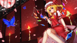Rule 34 | 1girl, blonde hair, bug, butterfly, flandre scarlet, full moon, hat, hat ribbon, highres, bug, knees together feet apart, lamp, mob cap, moon, night, petals, puffy short sleeves, puffy sleeves, red eyes, red moon, ribbon, sash, shirt, short sleeves, side ponytail, sitting, skirt, skirt set, sky, smile, solo, touhou, vest, wings, wrist cuffs, ymd (holudoun)