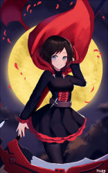 Rule 34 | 1girl, april cho, bad id, bad pixiv id, black dress, black hair, black pantyhose, blue eyes, cape, character name, cloud, cowboy shot, dress, full moon, holding, holding weapon, looking at viewer, moon, night, outdoors, pantyhose, parted bangs, petals, red cape, ruby rose, rwby, scythe, short dress, short hair, smile, solo, standing, weapon