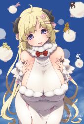 Rule 34 | 1girl, :d, animal ears, bare shoulders, blonde hair, breasts, deto, dress, elbow gloves, gloves, hair ornament, hairclip, halter dress, halterneck, highres, hololive, horns, large breasts, long hair, looking at viewer, open mouth, purple eyes, sheep ears, sheep horns, smile, solo, tsunomaki watame, virtual youtuber, wavy hair