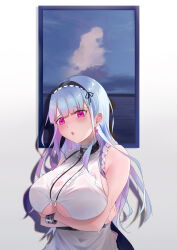 Rule 34 | 1girl, :o, absurdres, apron, arms under breasts, azur lane, bare shoulders, black hairband, blue hair, breasts, center frills, clothing cutout, collar, dido (azur lane), earrings, frills, gradient hair, hairband, heart, heart earrings, highres, huge breasts, jewelry, long hair, looking at viewer, metal collar, multicolored hair, noyuki (3702), purple eyes, sleeveless, solo, underboob, underboob cutout, upper body