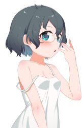 Rule 34 | 1girl, absurdres, black hair, blue eyes, blush, breasts, camisole, chis (js60216), commentary, glasses, highres, kaban (kemono friends), kemono friends, looking at viewer, open mouth, red-framed eyewear, short hair, simple background, small breasts, solo, strap slip, upper body, white background, white camisole