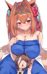 Rule 34 | 1girl, animal ears, bare arms, bare shoulders, blue dress, blush, bow, breasts, brown hair, character doll, collarbone, daiwa scarlet (umamusume), doll, dress, ear ornament, hair intakes, highres, horse ears, horse girl, jewelry, large breasts, long hair, looking at viewer, necklace, negipon, red eyes, ribbon, simple background, sitting, solo focus, strapless, strapless dress, tiara, twintails, umamusume, very long hair, vodka (umamusume), wariza, white background