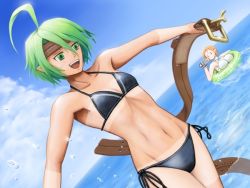 Rule 34 | 0 0, 2girls, :d, abs, afloat, ahoge, armpits, belt, bikini, breasts, camcorder, camera, cloud, day, disgaea, dutch angle, female warrior (disgaea), flat chest, green eyes, green hair, halterneck, headband, innertube, large breasts, looking away, magic knight (disgaea), multiple girls, navel, ocean, one-piece swimsuit, open mouth, orange hair, outdoors, outstretched arms, parted bangs, pointy ears, side-tie bikini bottom, sky, smile, splashing, spread arms, standing, swim ring, swimsuit, tamazen, tan, tanline, undressing, video camera, wading, warrior (disgaea), water, wide hips