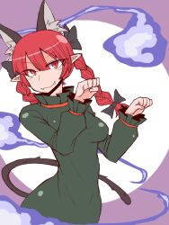 Rule 34 | 1girl, animal ears, black bow, blunt bangs, bow, braid, breasts, cat ears, cat girl, cat tail, closed mouth, commentary request, cowboy shot, dress, extra ears, fangs, fangs out, frilled sleeves, frills, green dress, hair between eyes, hair bow, highres, hitodama, kaenbyou rin, kuri dora, long bangs, long hair, long sleeves, looking at viewer, medium breasts, one-hour drawing challenge, paw pose, pointy ears, purple bag, red eyes, red hair, slit pupils, smile, solo, tail, touhou, twin braids, two-tone background, white background