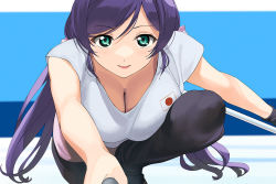 Rule 34 | 1girl, a1 (initial-g), black pants, breast press, breasts, cleavage, dot nose, foreshortening, green eyes, hair ornament, hair scrunchie, japanese flag print, large breasts, long hair, looking at viewer, love live!, love live! school idol project, low twintails, pants, parted lips, purple hair, scrunchie, shirt, short sleeves, solo, swept bangs, tojo nozomi, twintails, white shirt