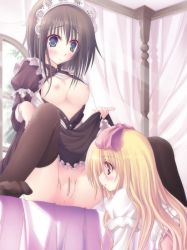 Rule 34 | 2girls, bed, blonde hair, blue eyes, blush, bow, breasts, brown eyes, censored, cleft of venus, clothes lift, dress, dress lift, hairband, kago no tori, maid, multiple girls, nipples, original, pussy, thighhighs, yuri