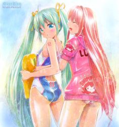 Rule 34 | 2girls, 39, :d, ^ ^, aqua eyes, aqua hair, ass, bare legs, blush, closed eyes, competition swimsuit, female focus, green hair, hair ribbon, happy, hatsune miku, holding, kickboard, legs, long hair, looking back, mayo riyo, megurine luka, multiple girls, one-piece swimsuit, open mouth, panties, parted lips, pink hair, red hair, ribbon, shiny skin, smile, striped clothes, striped panties, surfboard, swimsuit, takoluka, tattoo, traditional media, twintails, underwear, very long hair, vocaloid, yuri