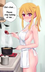 Rule 34 | 1girl, absurdres, apron, back bow, blonde hair, blush, bow, breasts, closed mouth, collarbone, commentary, cooking, embarrassed, english commentary, english text, fingernails, food, from side, hair between eyes, hair ornament, hands up, highres, holding, hoshino ruby, incest, indoors, izunomi, kitchen, long fingernails, long hair, looking at viewer, medium breasts, naked apron, oshi no ko, ponytail, pov, red eyes, saucepan, side ponytail, sidelocks, solo, soup, speech bubble, standing, star (symbol), star hair ornament, steam, symbol-shaped pupils, wall, white apron, white bow