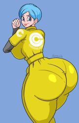 Rule 34 | 1girl, absurdres, ass, ass focus, bermudastuff, blue eyes, blue hair, bodysuit, breasts, bulma, come hither, dragon ball, dragon ball super, dragon ball super super hero, dragonball z, from behind, highres, huge ass, large breasts, looking at viewer, naughty face, shiny clothes, short hair, sideboob, skin tight, smile, solo, thick thighs, thighs, yellow bodysuit