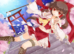 Rule 34 | 1girl, adapted costume, ascot, bad id, bad pixiv id, bandages, between fingers, boots, bow, brown hair, cherry blossoms, colored eyelashes, cross-laced footwear, detached sleeves, dutch angle, eyelashes, female focus, flying, frills, gohei, hair bow, hair ribbon, hair tubes, hakurei reimu, holding, holster, knee boots, lace-up boots, midriff, navel, ofuda, ofuda between fingers, petals, red eyes, ribbon, short hair, skirt, solo, stairs, talisman, thigh holster, thigh strap, torii, touhou, tsuguha, wide sleeves