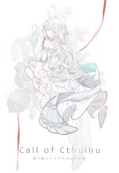 Rule 34 | 1girl, absurdres, anklet, bandage over one eye, bare shoulders, barefoot, colored eyelashes, dress, floating, flower, frilled dress, frills, full body, grey eyes, highres, jewelry, long hair, looking back, original, scar, solo, wavy hair, white background, white dress, white eyes, white hair, zabeo0125