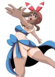 Rule 34 | 1girl, ass, bare shoulders, blush, breasts, brown hair, butt crack, cosplay, creatures (company), game freak, huge ass, jpeg artifacts, koutarosu, long hair, may (pokemon), nintendo, open mouth, panties, phoebe (pokemon), phoebe (pokemon) (cosplay), pokemon, pokemon (anime), pokemon oras, solo, tan, tanline, underwear, white background