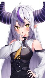 Rule 34 | 1girl, :o, ahoge, ascot, braid, braided bangs, collared dress, commentary request, demon horns, detached sleeves, dress, grey hair, hair between eyes, hand on own hip, highres, hololive, horns, la+ darknesss, la+ darknesss (1st costume), long hair, long sleeves, looking at viewer, mop sy, multicolored hair, purple hair, simple background, sleeveless, sleeveless dress, solo, streaked hair, striped horns, v-shaped eyebrows, v over mouth, virtual youtuber, white background, yellow ascot, yellow eyes