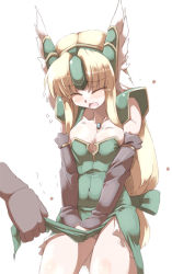 Rule 34 | 1girl, blonde hair, blush, bow, breasts, cleavage, clothes pull, covering privates, covering crotch, elbow gloves, closed eyes, gloves, hair bow, helm, helmet, jewelry, large breasts, long hair, low-tied long hair, necklace, open mouth, riesz, seiken densetsu, seiken densetsu 3, skirt, skirt pull, solo, tears, tokyo (great akuta)