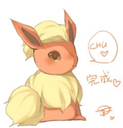 Rule 34 | animal focus, artist name, blonde hair, blush, brown eyes, creatures (company), flareon, from behind, full body, game freak, gen 1 pokemon, heart, light blush, looking at viewer, looking back, lowres, nintendo, no humans, nose blush, open mouth, pokemon, pokemon (creature), puddingx2, short hair, signature, simple background, sitting, solo, speech bubble, spoken heart, translation request, white background