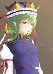 Rule 34 | 1girl, asymmetrical hair, black hat, blouse, blue eyes, blue vest, breasts, brown background, buttons, closed mouth, commentary request, epaulettes, expressionless, frilled hat, frills, green hair, hair between eyes, hat, highres, light particles, long sleeves, looking at viewer, medium hair, red ribbon, ribbon, ribbon-trimmed vest, shiki eiki, shirt, sleeve ribbon, small breasts, solo, touhou, upper body, vest, white shirt, y na1211