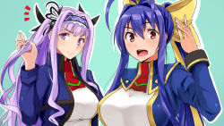 Rule 34 | &gt;:), 2girls, :o, antenna hair, blazblue, blazblue remix heart, blue hair, bow, breasts, butterfly hair ornament, genderswap, genderswap (mtf), hair bow, hair ornament, hairband, holding, holding hair, kajun faycott, large breasts, long hair, looking at viewer, mai natsume, multiple girls, open mouth, ponytail, purple eyes, purple hair, red eyes, ribbon, school uniform, simple background, smile, takara joney, upper body, v-shaped eyebrows, very long hair, yellow bow