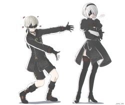 Rule 34 | 1boy, 1girl, 2b (nier:automata), 9s (nier:automata), black blindfold, black dress, black footwear, black gloves, black hairband, black jacket, black shorts, black thighhighs, blindfold, boots, breasts, cleavage, cleavage cutout, closed mouth, clothing cutout, crossed arms, dress, full body, gloves, hairband, high heel boots, high heels, highres, jacket, long sleeves, medium hair, meme, mole, mole under mouth, nier:automata, nier (series), shirl geem, short dress, short hair, shorts, side slit, small breasts, smile, standing, thigh boots, thighhighs, thighhighs under boots, white hair