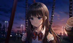 Rule 34 | 1girl, bad id, bad pixiv id, blush, bow, bowtie, brown eyes, brown hair, closed mouth, collared shirt, crying, crying with eyes open, dotz, lamppost, long hair, long sleeves, looking at viewer, night, original, outdoors, red bow, school uniform, shirt, solo, striped bow, striped bowtie, striped clothes, swing set, tears, uniform, upper body, white shirt