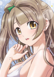 Rule 34 | 10s, 1girl, asymmetrical hair, bare shoulders, bikini, bikini top only, blunt bangs, blush, bow, breasts, fingernails, gradient background, green bow, hair bow, halterneck, hand on own chin, light brown hair, light particles, long hair, looking at viewer, love live!, love live! school idol project, medium breasts, minami kotori, nanno koto, open mouth, solo, swimsuit, white bikini, yellow eyes