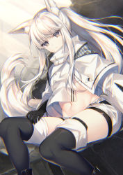 Rule 34 | 1girl, animal ear fluff, animal ears, arknights, black gloves, black thighhighs, brown eyes, chromatic aberration, closed mouth, commentary request, crop top, crop top overhang, dutch angle, expressionless, gloves, groin, highres, horse ears, horse tail, long hair, looking at viewer, midriff, navel, platinum (arknights), ponytail, shirt, short shorts, shorts, sidelocks, sitting, solo, sorai shin&#039;ya, stomach, tail, thighhighs, white hair, white shirt, white shorts