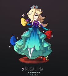 Rule 34 | 1girl, alternate costume, black background, blonde hair, blue eyes, bright pupils, brooch, character name, chromatic aberration, crown, dress, elbow gloves, floating, frilled dress, frills, gloves, hair ornament, heart, heart-shaped pupils, high heels, highres, jewelry, kinkymation, luma (mario), mario (series), mario kart, mario kart tour, nintendo, rosalina, smile, sparkle, super mario galaxy, symbol-shaped pupils, thighhighs, wand, white pupils