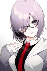 Rule 34 | 1girl, absurdres, blush, breasts, fate/grand order, fate (series), glasses, hair over one eye, highres, hood, hooded jacket, jacket, kayahara, looking at viewer, mash kyrielight, necktie, purple eyes, purple hair, simple background, smile, solo, white background