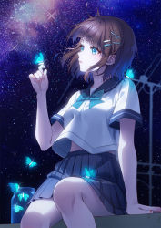 Rule 34 | 1girl, blue eyes, blue skirt, breasts, brown hair, bug, butterfly, cable, from side, hair ornament, hairclip, highres, insect, medium breasts, miniskirt, night, night sky, original, pleated skirt, school uniform, serafuku, short hair, sitting, skirt, sky, solo, star (sky), starry sky, tagme, transmission tower, unjem