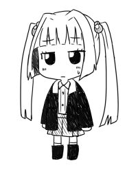 Rule 34 | 1girl, blazer, blunt bangs, collared shirt, greyscale, hair bobbles, hair ornament, harumi shinju, jacket, jitome, md5 mismatch, minami (colorful palette), monochrome, pleated skirt, resized, shirt, sketch, skirt, solo, sweatdrop, tokyo 7th sisters, twintails