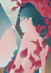 Rule 34 | 1boy, 1girl, absurdres, akeru, back, black hair, brown eyes, eyelashes, from side, gradient background, highres, messy hair, nude, original, parted lips, petals, red petals, short hair, topless male, upper body