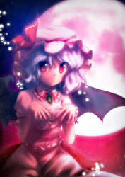 Rule 34 | 1girl, bat wings, bloom, blue hair, dress, female focus, full moon, hat, highres, ikamagu, ikmg, jewelry, light particles, light smile, looking at viewer, moon, necklace, pink dress, red eyes, remilia scarlet, solo, touhou, wings