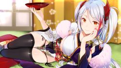 Rule 34 | 1girl, alcohol, azur lane, black panties, black thighhighs, blurry, blurry background, breasts, cup, fingernails, floral print, fur trim, groin, hair ornament, head rest, highres, holding, holding cup, indoors, japanese clothes, kimono, large breasts, lens flare, long hair, looking at viewer, lying, mole, mole on breast, multicolored hair, nail polish, obi, on side, panties, prinz eugen (azur lane), prinz eugen (profusion of flowers) (azur lane), red eyes, red hair, red nails, sakazuki, sake, sash, side-tie panties, silver hair, smile, solo, tatami, thighhighs, two side up, underwear, yuna (yukiyuna)