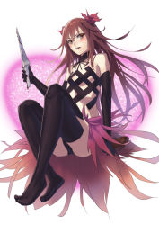 Rule 34 | 1girl, bare shoulders, black thighhighs, blush, brown eyes, brown hair, cuboon, cybele (lord of vermilion), elbow gloves, flower, gloves, hair flower, hair ornament, heart, knife, long hair, lord of vermilion, skirt, solo, thighhighs