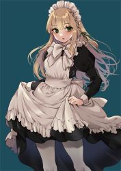 Rule 34 | 1girl, alternate costume, apron, black dress, blonde hair, blue background, blunt bangs, blush, dot nose, dress, enmaided, feet out of frame, frilled apron, frills, green eyes, green hair, green ribbon, hair between eyes, hair ribbon, highres, ichinose rei, idoly pride, juliet sleeves, long hair, long sleeves, looking at viewer, maid, maid headdress, multicolored hair, open mouth, pantyhose, plum (arch), puffy sleeves, raised eyebrows, ribbon, simple background, skirt hold, sleeve cuffs, solo, straight hair, streaked hair, white apron, white pantyhose