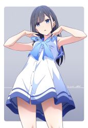 Rule 34 | 1girl, armpits, black hair, blue eyes, blue neckerchief, commentary request, dated, dress, gradient background, grey background, highres, long hair, monai-chan (nii manabu), neckerchief, nii manabu, original, parted lips, signature, sleeveless, sleeveless dress, solo, standing, thighs, white dress