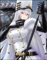Rule 34 | 1girl, archstreal, azur lane, black gloves, breasts, buttons, coat, coat dress, double-breasted, fur-trimmed coat, fur trim, gloves, hair between eyes, hat, high collar, highres, holding, holding scepter, large breasts, long hair, looking at viewer, military hat, mole, mole under eye, red eyes, scepter, silver hair, snowing, solo, sovetskaya rossiya (azur lane), very long hair, white coat, white hat