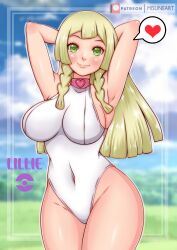 Rule 34 | 1girl, absurdres, alternate breast size, armpits, arms behind head, arms up, blonde hair, blunt bangs, breasts, cloud, cloudy sky, collar, creatures (company), game freak, heart, highres, large breasts, lillie (pokemon), looking at viewer, misune art, nintendo, one-piece swimsuit, pink collar, poke ball, pokemon, pokemon sm, sideboob, sky, smile, swimsuit