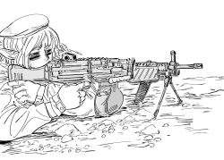 Rule 34 | 1girl, aiming, bb (baalbuddy), beret, commentary, elf, elf with gun (baalbuddy), english commentary, finger on trigger, from side, gloves, greyscale, gun, h&amp;k mg4, half-closed eyes, hat, highres, holding, holding gun, holding weapon, lying, machine gun, monochrome, on stomach, original, pointy ears, solo, weapon