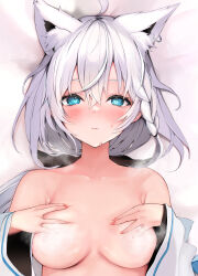 Rule 34 | 1girl, absurdres, ahoge, animal ear fluff, animal ears, blush, braid, breasts, commentary request, fox ears, fox girl, fox tail, green eyes, hair between eyes, hands on own chest, highres, hololive, long hair, looking at viewer, lying, medium breasts, niku (hamuchang), on back, open clothes, shirakami fubuki, shirakami fubuki (1st costume), sidelocks, single braid, solo, tail, upper body, virtual youtuber, white hair
