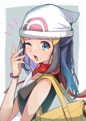 Rule 34 | 1girl, ;o, bag, beanie, black hair, black shirt, blue eyes, blush, bracelet, commentary request, creatures (company), dawn (pokemon), duffel bag, eyelashes, from side, game freak, hair ornament, hairclip, hat, highres, jewelry, kimura mitsuki, long hair, looking to the side, nintendo, notice lines, one eye closed, open mouth, pokemon, pokemon dppt, red scarf, scarf, shirt, sidelocks, sleeveless, sleeveless shirt, solo, tearing up, tongue, upper body, white hat, yellow bag