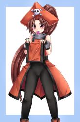 Rule 34 | 1girl, arc system works, brown eyes, brown hair, condom, condom in mouth, guilty gear, hat, long hair, may (guilty gear), mouth hold, orange hat, orange shirt, pantyhose, pelvic curtain, pirate hat, ponytail, saba kan, shirt, smile, solo, very long hair