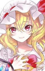 Rule 34 | 1girl, ascot, blonde hair, blush, collarbone, commentary request, flandre scarlet, frilled shirt collar, frills, hair between eyes, hand on own chest, hat, hat ribbon, highres, long hair, looking at viewer, nail polish, one side up, parted lips, puffy short sleeves, puffy sleeves, purple nails, red eyes, red ribbon, ribbon, rosette (roze-ko), shirt, short sleeves, simple background, smile, solo, sparkle, touhou, upper body, white background, white hat, white shirt, yellow ascot